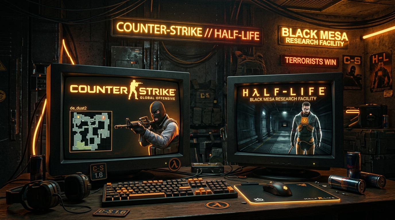 Setup clásico de cibercafé con monitores CRT de Counter-Strike 1.6 y Half-Life Los Antiguos Network